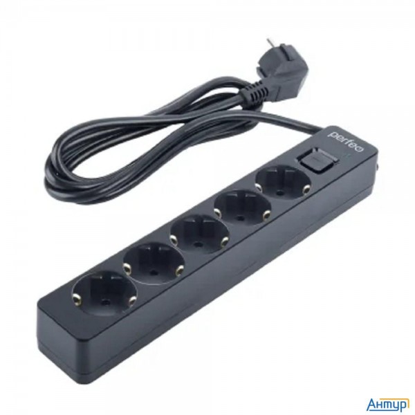 Perfeo сетевой фильтр "real Stream, 5,0м, 5 розеток, 16А, 3500 Вт, тройная защита, черный.