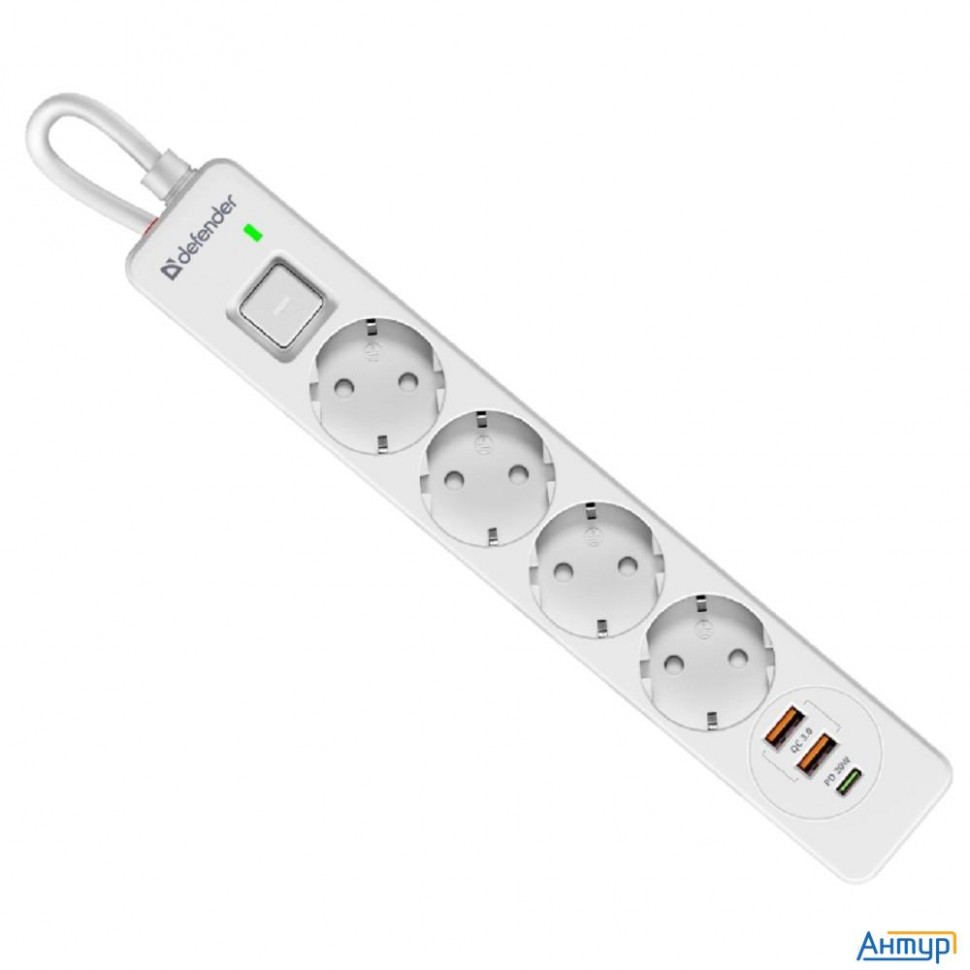 Defender Удлинитель с сетевым фильтром Dfs 143 3 м,белый,4розетки,usb+typec [99434]